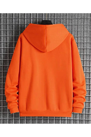%100 Pamuk Ultra Kalite Erkek Turuncu 3 iplik Kapüşonlu Fermuarlı Cepli Sweatshirt Oranj
