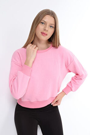 Kadın %100 Pamuk Pembe Ultra Kalite Diagonel Şardonsuz 3 iplik Bisiklet Yaka Basic Sweatshirt