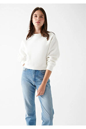 Kadın %100 Pamuk Ekru Ultra Kalite Diagonel Şardonsuz 3 iplik Bisiklet Yaka Basic Sweatshirt