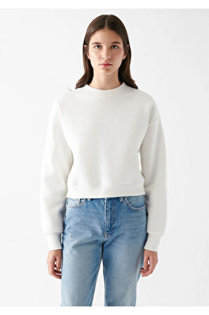 Kadın %100 Pamuk Ekru Ultra Kalite Diagonel Şardonsuz 3 iplik Bisiklet Yaka Basic Sweatshirt