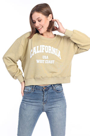 Kadın %100 Pamuk Baskılı Açık Haki Ultra Kalite Şardonsuz 3 iplik Bisiklet Yaka Basic Sweatshirt