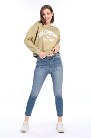 Kadın %100 Pamuk Baskılı Açık Haki Ultra Kalite Şardonsuz 3 iplik Bisiklet Yaka Basic Sweatshirt