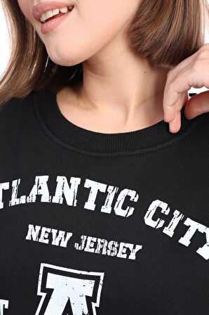 Kadın %100 Pamuk Baskılı Siyah Ultra Kalite Diagonel Şardonsuz 3iplik Bisiklet Yaka Basic Sweatshirt