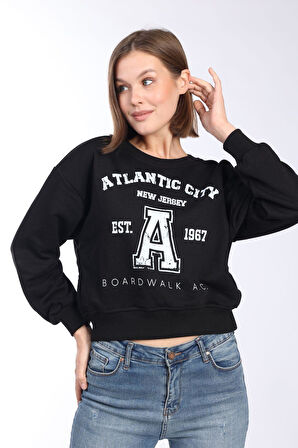 Kadın %100 Pamuk Baskılı Siyah Ultra Kalite Diagonel Şardonsuz 3iplik Bisiklet Yaka Basic Sweatshirt