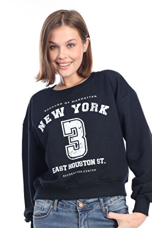 Kadın %100 Pamuk Baskılı Lacivert Ultra Kalite Şardonsuz 3 iplik Bisiklet Yaka Basic Sweatshirt