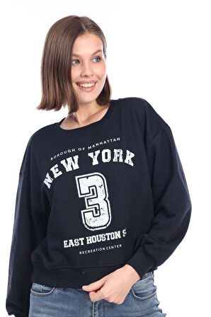 Kadın %100 Pamuk Baskılı Lacivert Ultra Kalite Şardonsuz 3 iplik Bisiklet Yaka Basic Sweatshirt