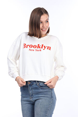 Kadın %100 Pamuk Baskılı Ekru Ultra Kalite Diagonel Şardonsuz 3iplik Bisiklet Yaka Basic Sweatshirt