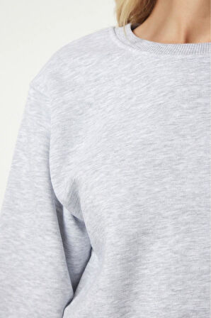 %100 Pamuk Gri Melanj Ultra Kalite Diagonel Şardonlu 3 iplik Bisiklet Yaka Basic Sweatshirt