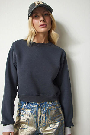 Kadın %100 Pamuk Antrasit Ultra Kalite Diagonel Şardonsuz 3 iplik Bisiklet Yaka Basic Sweatshirt