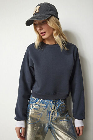 Kadın %100 Pamuk Antrasit Ultra Kalite Diagonel Şardonsuz 3 iplik Bisiklet Yaka Basic Sweatshirt