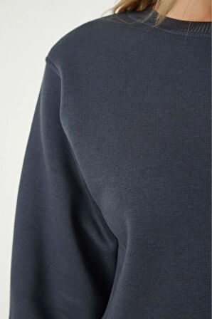 Kadın %100 Pamuk Antrasit Ultra Kalite Diagonel Şardonsuz 3 iplik Bisiklet Yaka Basic Sweatshirt