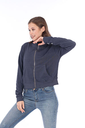 Kadın %100 Pamuk Antrasit Füme Şardonsuz 3 iplik Yumuşak Dokulu Fermuarlı Dik Yaka Sweatshirt