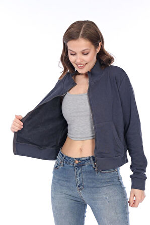 Kadın %100 Pamuk Antrasit Füme Şardonsuz 3 iplik Yumuşak Dokulu Fermuarlı Dik Yaka Sweatshirt