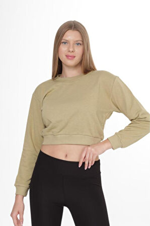 Açık Haki %100 Pamuk Baskılı Kadın Basic Crop bisiklet yaka uzun kollu sweatshirt