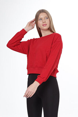 Kadın %100 Pamuk Kırmızı Ultra Kalite Diagonel Şardonsuz 3 iplik Bisiklet Yaka Basic Sweatshirt