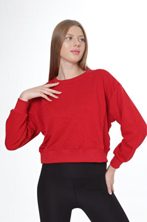 Kadın %100 Pamuk Kırmızı Ultra Kalite Diagonel Şardonsuz 3 iplik Bisiklet Yaka Basic Sweatshirt