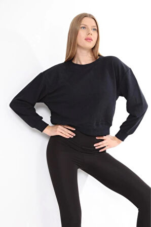 Kadın %100 Pamuk Koyu Lacivert Ultra Kalite Diagonel Şardonsuz 3iplik Bisiklet Yaka Basic Sweatshirt