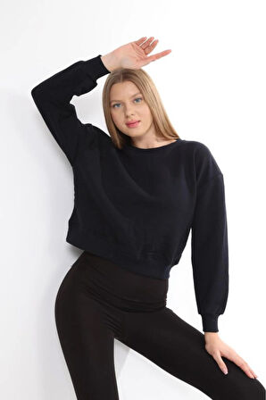 Kadın %100 Pamuk Koyu Lacivert Ultra Kalite Diagonel Şardonsuz 3iplik Bisiklet Yaka Basic Sweatshirt