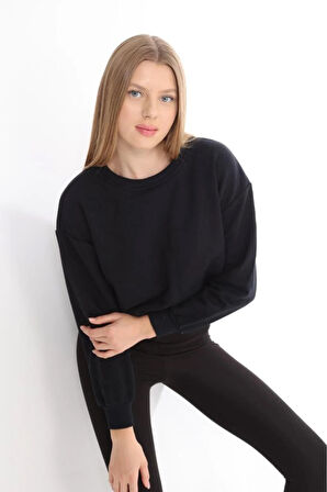 Kadın %100 Pamuk Koyu Lacivert Ultra Kalite Diagonel Şardonsuz 3iplik Bisiklet Yaka Basic Sweatshirt