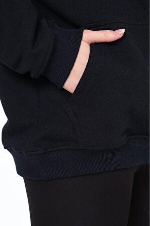 % 100 Pamuk Kadın Koyu Lacivert Şardonsuz Basic 3 iplik oversize kapüşonlu kangru cepli sweatshirt