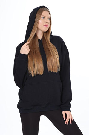 % 100 Pamuk Kadın Koyu Lacivert Şardonsuz Basic 3 iplik oversize kapüşonlu kangru cepli sweatshirt