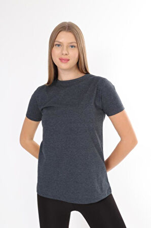 %100 Pamuk süper kalite kadın tişört düz renk Antrasit bisiklet yaka organik pamuk penye t-shirt