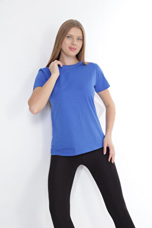 %100 Pamuk süper kalite kadın tişört düz renk Saks Mavi bisiklet yaka organik pamuk penye t-shirt