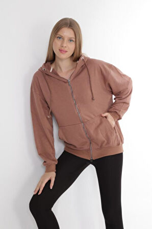 %100 Pamuk Şardonsuz Yüksek Kalite Oversize Kadın Sütlü Kahve 3iplik Kapüşonlu Fermuarlı Cepli Sweat