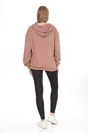 %100 Pamuk Şardonsuz Yüksek Kalite Oversize Kadın Sütlü Kahve 3iplik Kapüşonlu Fermuarlı Cepli Sweat