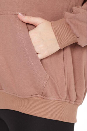 %100 Pamuk Şardonsuz Yüksek Kalite Oversize Kadın Sütlü Kahve 3iplik Kapüşonlu Fermuarlı Cepli Sweat