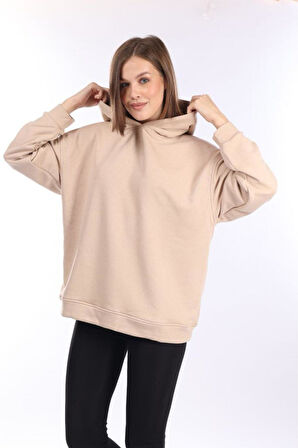 % 100 Pamuk Kadın Yumuşak Dokulu Bej Şardonsuz Basic 3 iplik oversize kapüşonlu sweatshirt