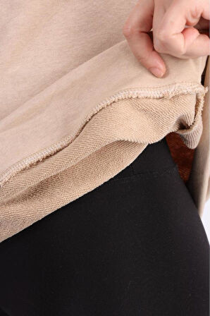% 100 Pamuk Kadın Yumuşak Dokulu Bej Şardonsuz Basic 3 iplik oversize kapüşonlu sweatshirt