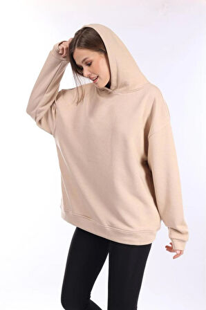 % 100 Pamuk Kadın Yumuşak Dokulu Bej Şardonsuz Basic 3 iplik oversize kapüşonlu sweatshirt