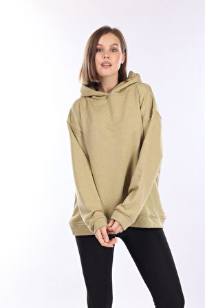 % 100 Pamuk Kadın Yumuşak Dokulu Açık Haki Şardonsuz Basic 3 iplik oversize kapüşonlu sweatshirt