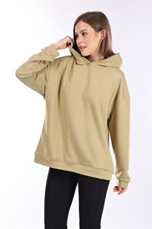 % 100 Pamuk Kadın Yumuşak Dokulu Açık Haki Şardonsuz Basic 3 iplik oversize kapüşonlu sweatshirt