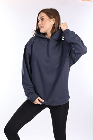 % 100 Pamuk Kadın Yumuşak Dokulu Füme Şardonsuz Basic 3 iplik oversize kapüşonlu sweatshirt