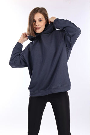 % 100 Pamuk Kadın Yumuşak Dokulu Füme Şardonsuz Basic 3 iplik oversize kapüşonlu sweatshirt