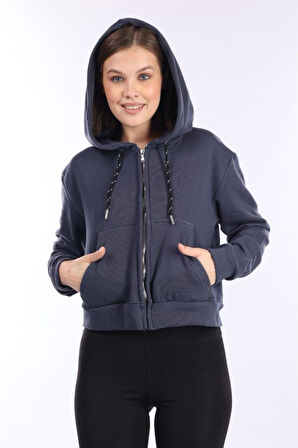 %100 Pamuk Şardonsuz Yüksek Kalite Füme 3 iplik Kapüşonlu Fermuarlı Cepli Kadın Crop Sweatshirt
