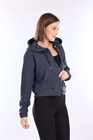 %100 Pamuk Şardonsuz Yüksek Kalite Füme 3 iplik Kapüşonlu Fermuarlı Cepli Kadın Crop Sweatshirt
