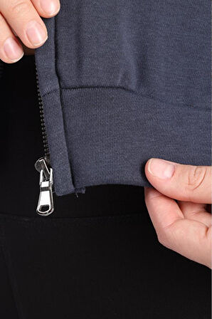 %100 Pamuk Şardonsuz Yüksek Kalite Füme 3 iplik Kapüşonlu Fermuarlı Cepsiz Kadın Crop Sweatshirt