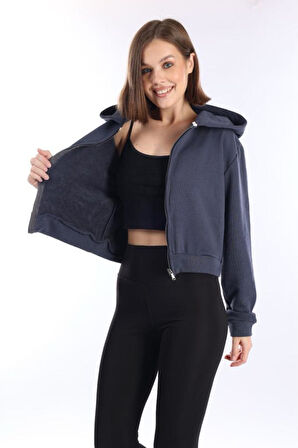 %100 Pamuk Şardonsuz Yüksek Kalite Füme 3 iplik Kapüşonlu Fermuarlı Cepsiz Kadın Crop Sweatshirt