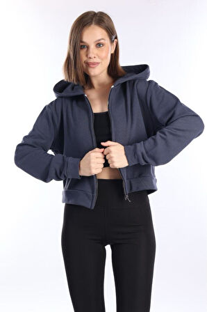 %100 Pamuk Şardonsuz Yüksek Kalite Füme 3 iplik Kapüşonlu Fermuarlı Cepsiz Kadın Crop Sweatshirt