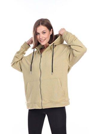 %100 Pamuk Ultra Kalite Oversize Kadın Askeri Haki 3 iplik Kapüşonlu Fermuarlı Kanguru Cepli Sweat