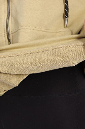 %100 Pamuk Ultra Kalite Oversize Kadın Askeri Haki 3 iplik Kapüşonlu Fermuarlı Kanguru Cepli Sweat