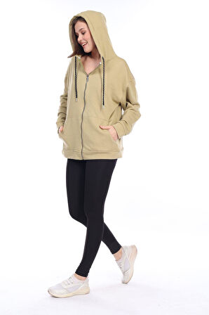 %100 Pamuk Ultra Kalite Oversize Kadın Askeri Haki 3 iplik Kapüşonlu Fermuarlı Kanguru Cepli Sweat