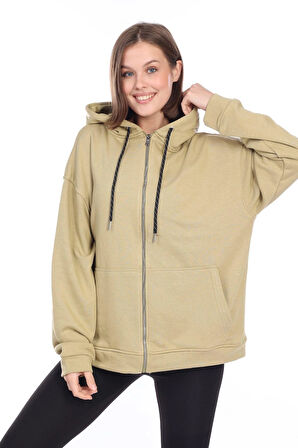 %100 Pamuk Ultra Kalite Oversize Kadın Askeri Haki 3 iplik Kapüşonlu Fermuarlı Kanguru Cepli Sweat