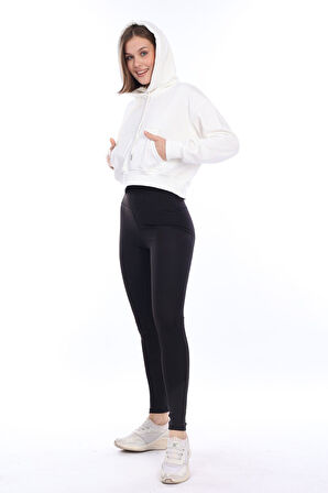Premium Kalite %100 Pamuk Şardonsuz 3 iplik Ekru Kapüşonlu Kanguru Cepli Bağcıklı Crop Sweatshirt