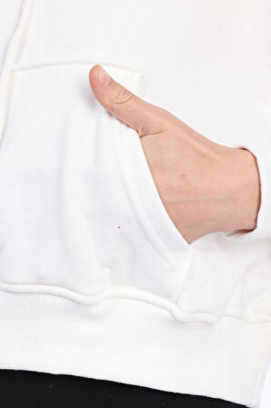 Premium Kalite %100 Pamuk Şardonsuz 3 iplik Ekru Kapüşonlu Kanguru Cepli Bağcıklı Crop Sweatshirt