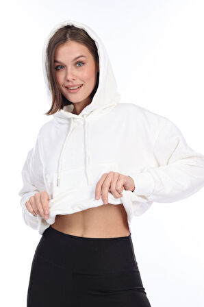 Premium Kalite %100 Pamuk Şardonsuz 3 iplik Ekru Kapüşonlu Kanguru Cepli Bağcıklı Crop Sweatshirt