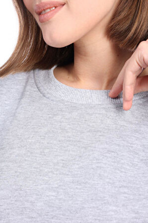 Gri Melanj %100 Pamuk Şardonsuz Kadın Basic Crop bisiklet yaka uzun kollu sweatshirt